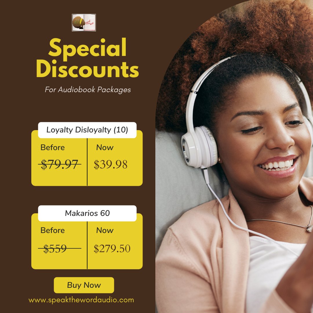 SpeakDWordAudio's tweet photo. Discounts on #audiobbook packages till 23rd May! 🎉
Set of 10 on Loyalty and Disloyalty at just $39.98 
Set of 60 audiobooks by Dag Heward-Mills at a whopping $279.50
#Listen in on your way to work or home. Stay in tune with #God every moment you get
Go to https://t.co/8BUFshIe0b https://t.co/tZ3RmWr8kT