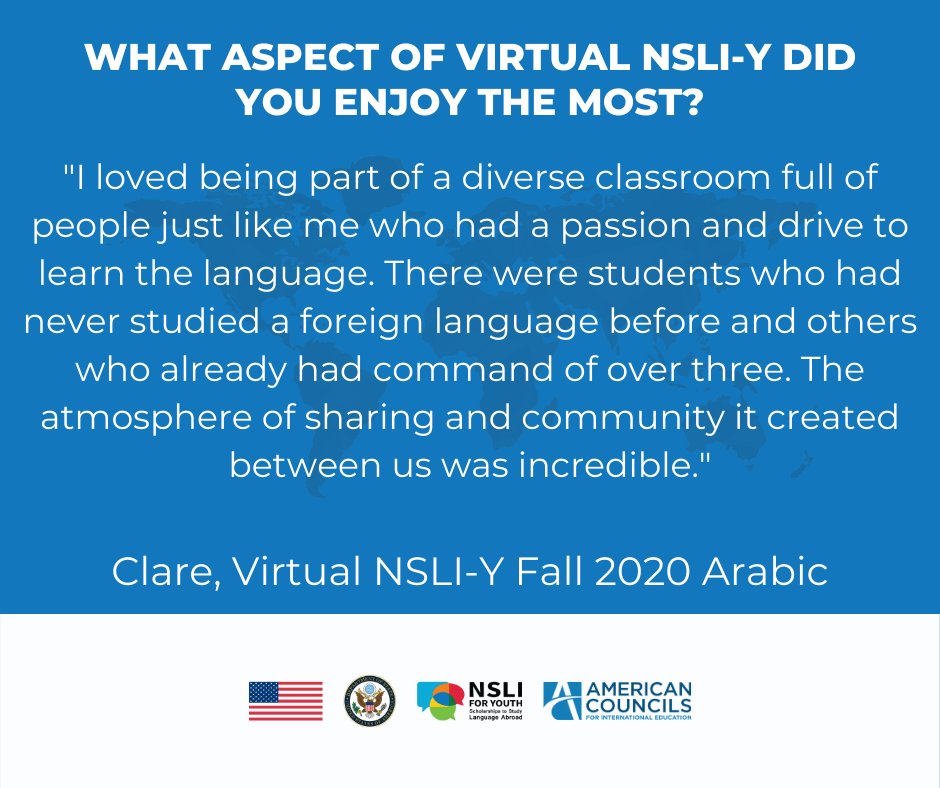 Virtual NSLI-Y is an <a href="/ECAatState/">Educational & Cultural Affairs—U.S. Dept. of State</a> program that provides U.S. teens a 10 wk beginner language and culture experience in 1 of 6 languages w/ a qualified language teacher and peers.  Spread the word to teens you know interested in language study!  rb.gy/osmcok