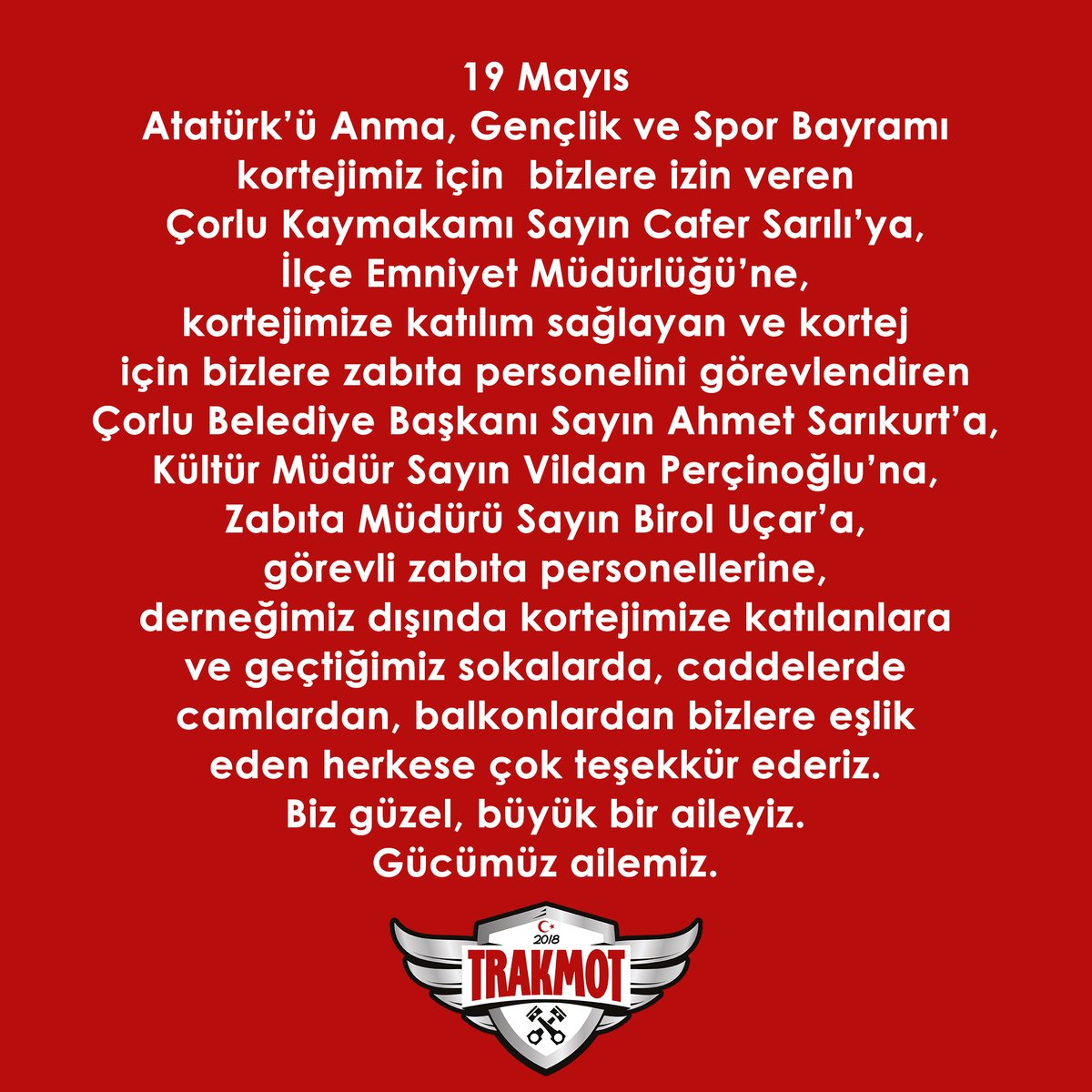 trakmot's tweet photo. 📌 Biz büyük bir aileyiz. Gücümüz ailemiz.
👉 Herkese çok teşekür ederiz.
.
#19mayısatatürküanmagençlikvesporbayramı #atamizindeyiz  #trakmot #trakmotailesi #trakmotheryerde #çorlu #tekirdağ #edirne #kırklareli #trakya #motosiklet #motosiklethayattır https://t.co/bRXoZhS7s7