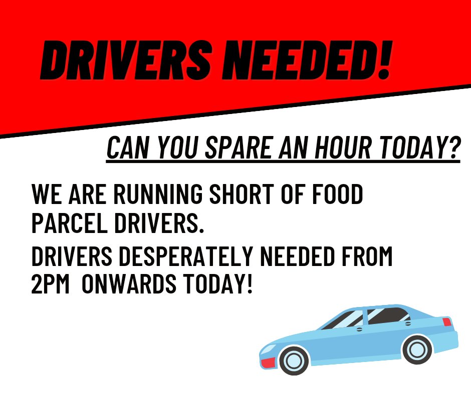 We are in need of drivers today to deliver food parcels to local communities from 2pm onwards! 🚗 If you can spare 30 mins or more to help drop off much needed food parcels to local families please let us know. 📦 Please call on 07463 696688! 📞