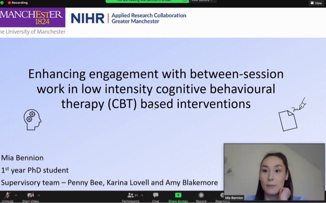 NorinaGasteiger's tweet photo. Really compelling talk by Mia on between-session work in low intensity CBT interventions. ✨ So inspiring hearing about the work my colleagues at @ARC_GM_  @FBMH_UoM are doing! @karina_lovell @DrAmyBlakemore https://t.co/IkZbFmrtJ1