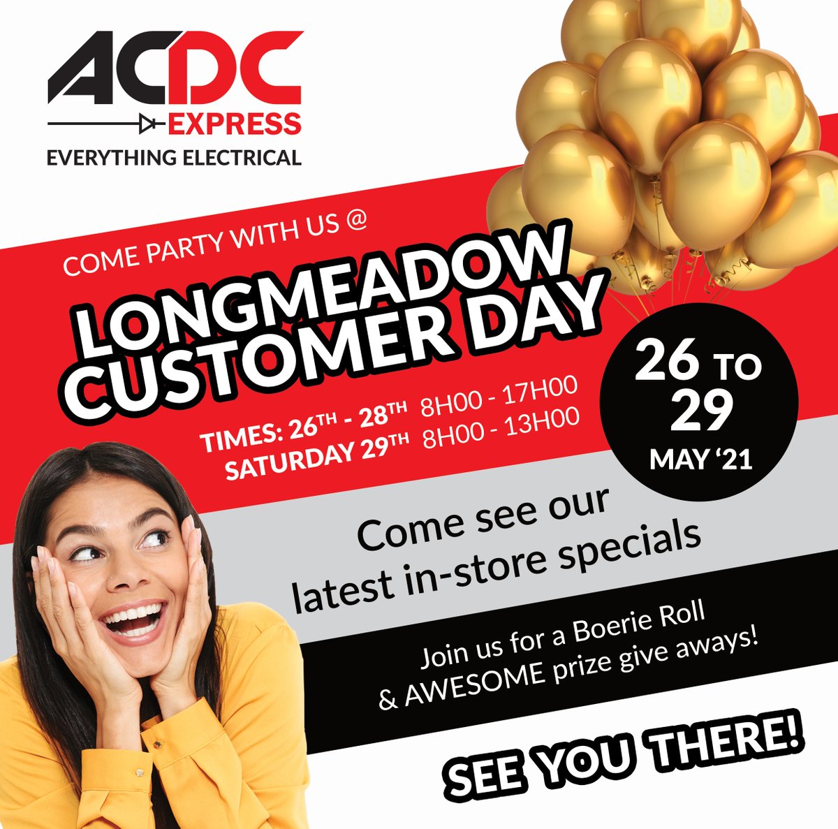 acdcdynamics's tweet photo. You’re invited to ACDC Express’ Longmeadow Customer Day, a four-day event of a clearance sale, product specials, and a juicy boerie roll.

A great opportunity to learn about our extensive range of solar, security, and lighting solutions!

#acdcdynamics
#customerservices https://t.co/u33Eg5iCxJ