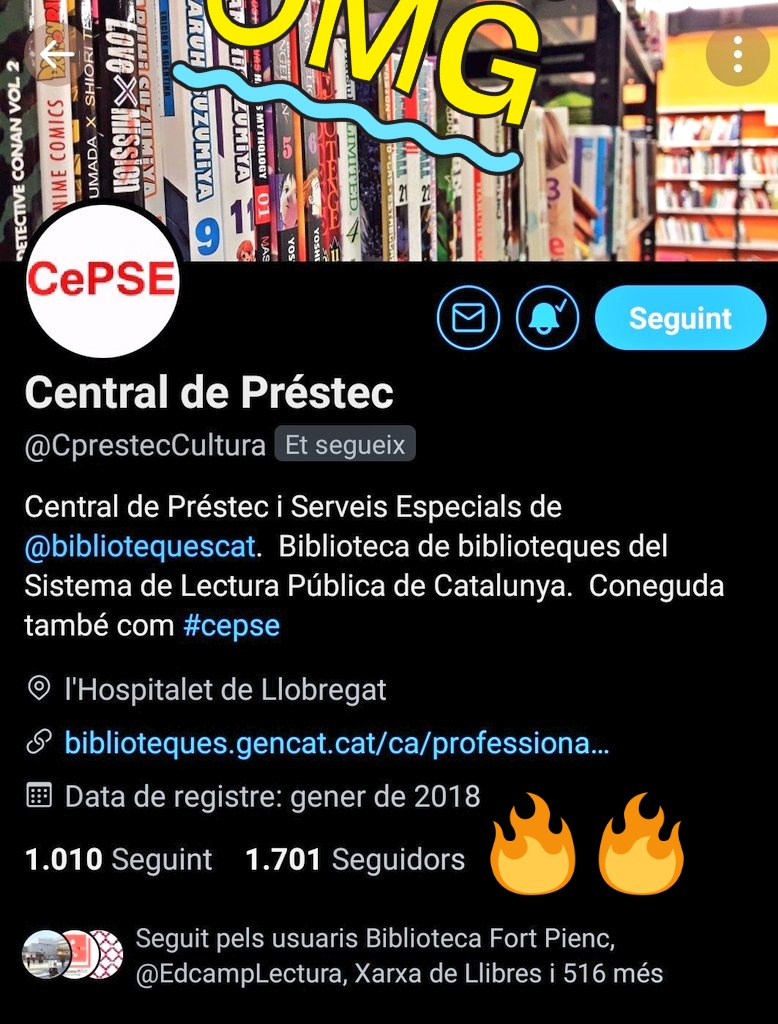 Ei, pipol, ens xiven pel 'pinganillu' que ja tenim 1.701 seguidors!!!! 
Ens ajudeu a que siguin 7.434.875 i convertir-nos en la 'biblioteca de biblioteques' amb més fans del món-mundial?