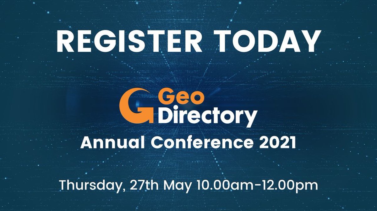 What a line-up we have in store for you at the GeoDirectory Annual Conference 2021!

At this FREE event, you’ll hear from a series of fascinating speakers working with #data in the #Sport, #Space &amp; #Science industry and much more.

Register today ➡️ register.gotowebinar.com/register/33065…