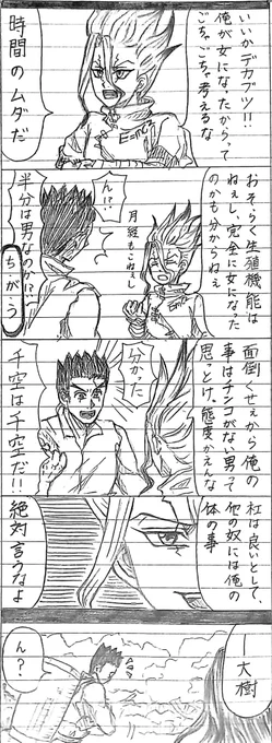 石化とけたら女体化してた千空⑦
※後天女体化ネタ/司千/鉛筆マンガ
大樹は良い奴だよ本当に 