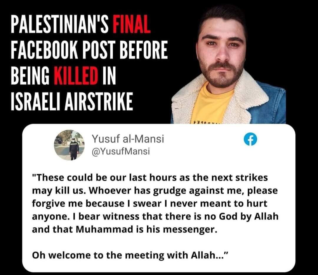123dheejhe's tweet photo. Status terakhir nya di facebook 
Sebelum syahid oleh serangan udara Zionist 😭😭
Husnul khotimah InshaAlloh🙏 https://t.co/LBD83rwms6