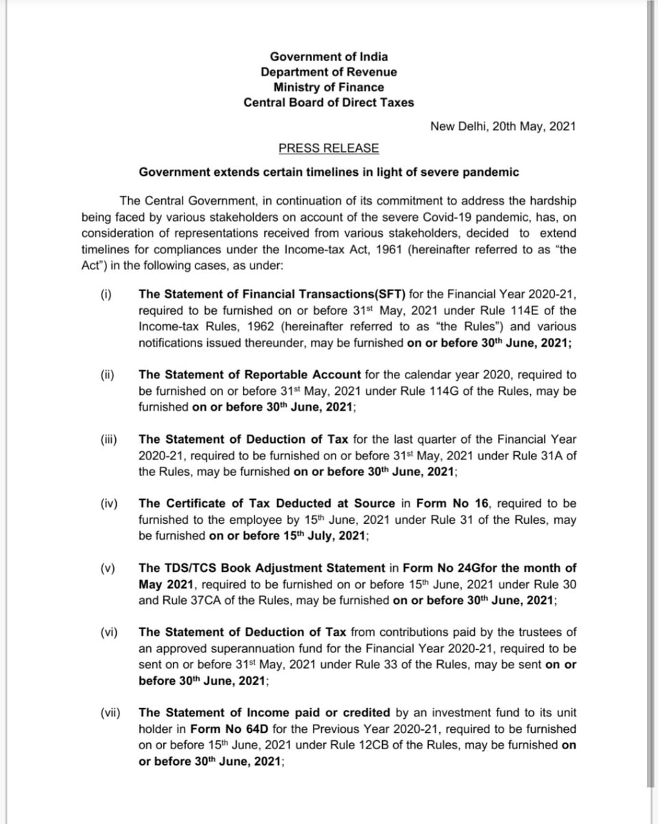 IncomeTaxIndia's tweet photo. Here is the Press Release on extension of certain timelines for compliances under the Income-tax Act, 1961.
Press release may be accessed at:
https://t.co/Oyge3Qlu4H https://t.co/Nz9OkNAAuw