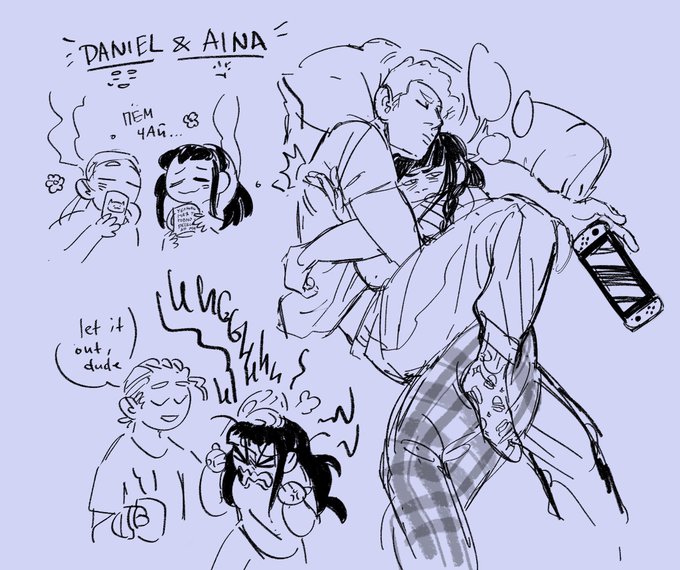 projecting my needs of comfort with ocs... Daniel and his roomie Aina, best buddies, always gossiping and having tea times in the evenings 🐱☕️🧺 