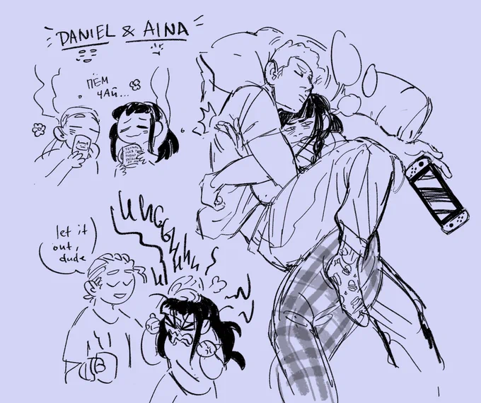 projecting my needs of comfort with ocs... Daniel and his roomie Aina, best buddies, always gossiping and having tea times in the evenings 🐱☕️🧺 