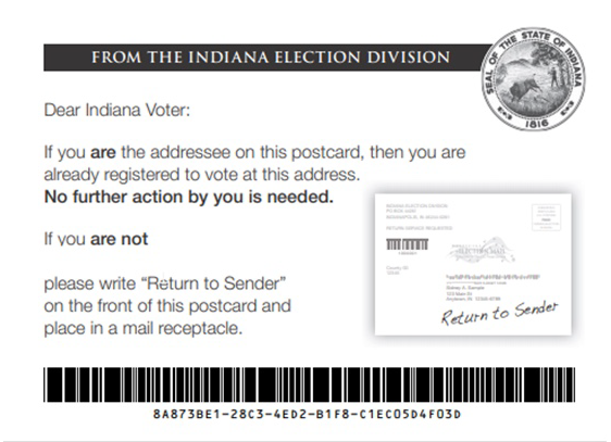 OfficialSOSIN's tweet photo. Be on the lookout for a postcard from the Indiana Secretary of State’s office. These postcards help identify outdated and inaccurate voter registration information. Learn what to do if you receive a postcard by clicking the link. #INVotes https://t.co/AeXwwsCxoS https://t.co/5VOjQr32F0