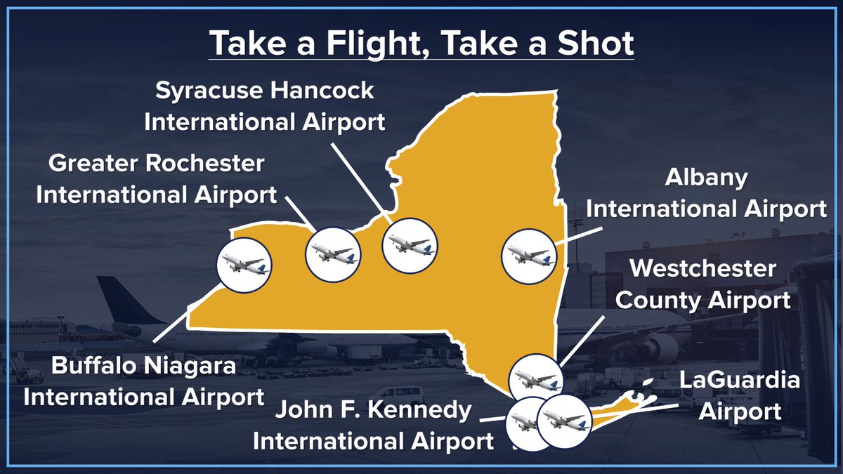 Take a Flight, Take a Shot!

Next week New York will offer pop-up vaccination sites at 7 airports across the state for all US residents arriving or departing, as well as airport workers.

Whether you're coming or leaving—we want you to be safe and healthy.

#GetVaccinated