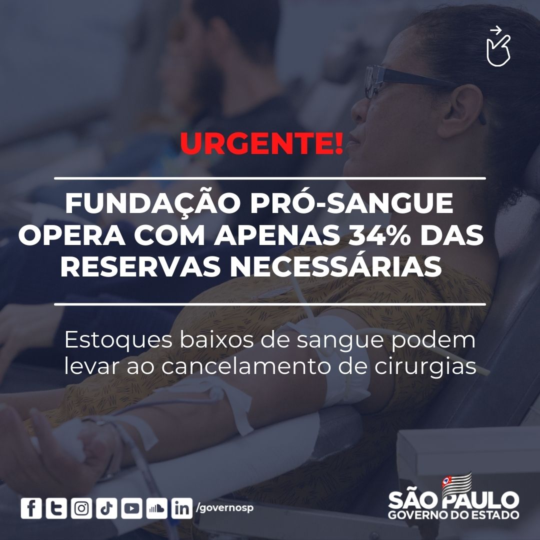 governosp's tweet image. URGENTE! 🩸 Com a chegada do frio, o comparecimento de doadores nos postos de coleta de sangue diminuiu e, consequentemente, o número de doações.

A @pro_sangue opera agora com 34% de seu estoque, nível preocupante uma vez que o órgão abastece mais de 100 instituições de saúde.