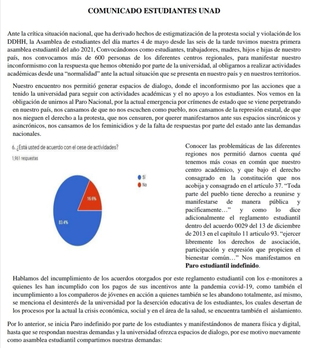 wilsonariasc's tweet photo. Estudiantes UNAD @MNEUnadista se declararon en paro y solicitan matrícula cero. Es urgente que @UniversidadUNAD @JaimeLeal_ dialogue con los jóvenes, los más golpeados por la crisis económica y la brutalidad policial.
Urgen gestos democráticos #UNADAlParo https://t.co/XbRa5BWgtV