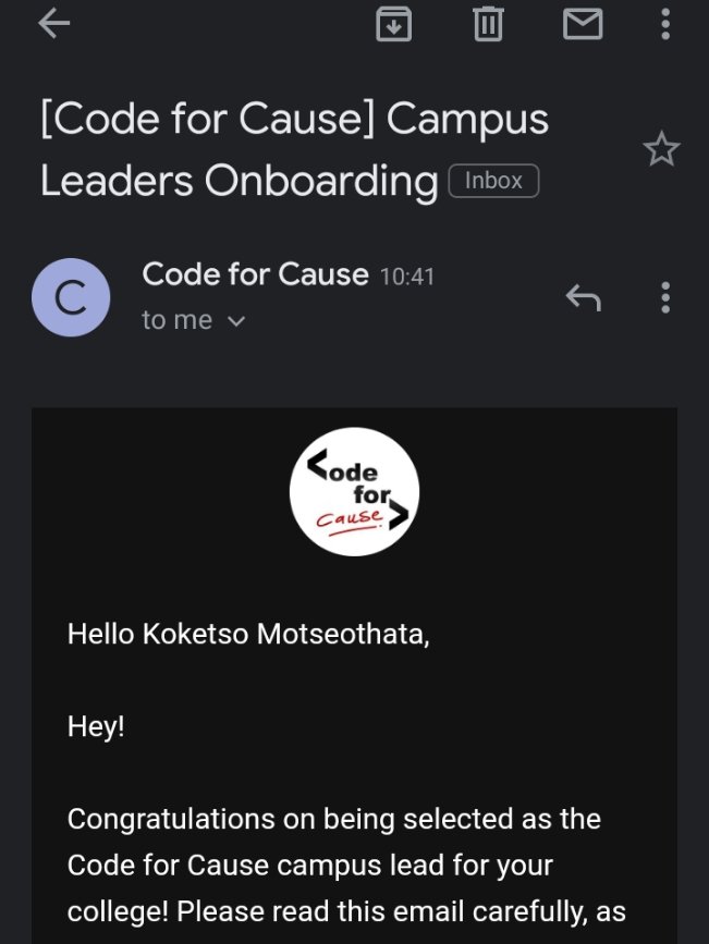 KapFresh_Dev's tweet image. 🎉🥳🎉🥳thank you to @codeforcauseIn for selecting me as their new Campus lead in Africa 😊👍🤙
#codeforcause #code #100DaysOfCode #Africa