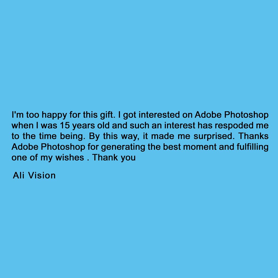 AlivisionA's tweet photo. I'm too happy for this gift.Thanks Adobe @Photoshop for generating the best moment and fulfilling one of my wishes. Thank you very much!
🤩💙😍
#adobephotoshop
#gift #FEATUREdartist
#creative_cloud https://t.co/vqNKDE6W1S