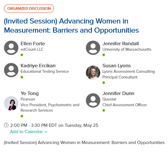 Join us for a discussion about barriers and opportunities for women in leadership at a kick-off <a href="/NCME38/">NCME</a> invited session, this coming Tuesday 05/25 at 2-3:30 EST.

Hear from leaders in the field <a href="/ellenforte/">Ellen Forte</a>, @Teach_Jennifer, <a href="/KErcikan/">Kadriye Ercikan</a>, <a href="/YeTong1622/">Ye Tong</a>, Jenn Dunn, <a href="/susanclyons/">Susan Lyons</a>