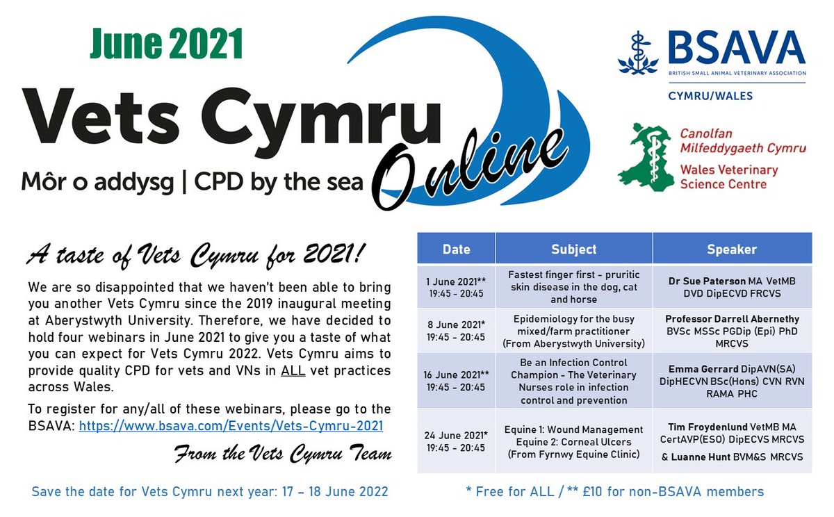 A taste of Vets Cymru!!! We can't meet again this year so we have four webinars to whet your appetite for June 2022. Quality CPD for vets &amp; VNs in ALL vet practices across Wales and on the border. Please click this link to register on the BSAVA website: bsava.com/Events/Vets-Cy…