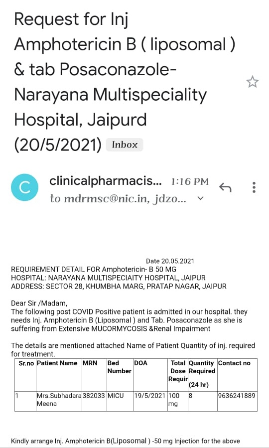 optmdeepakdausa's tweet photo. Urgent require liposomal amphotericin B inj. &amp; tab. Posaconazole
At narayana multi speciality hospital, jaipur
Patient detail below. @PilotWithPeople @Ved_Solanki1 https://t.co/24tgags849