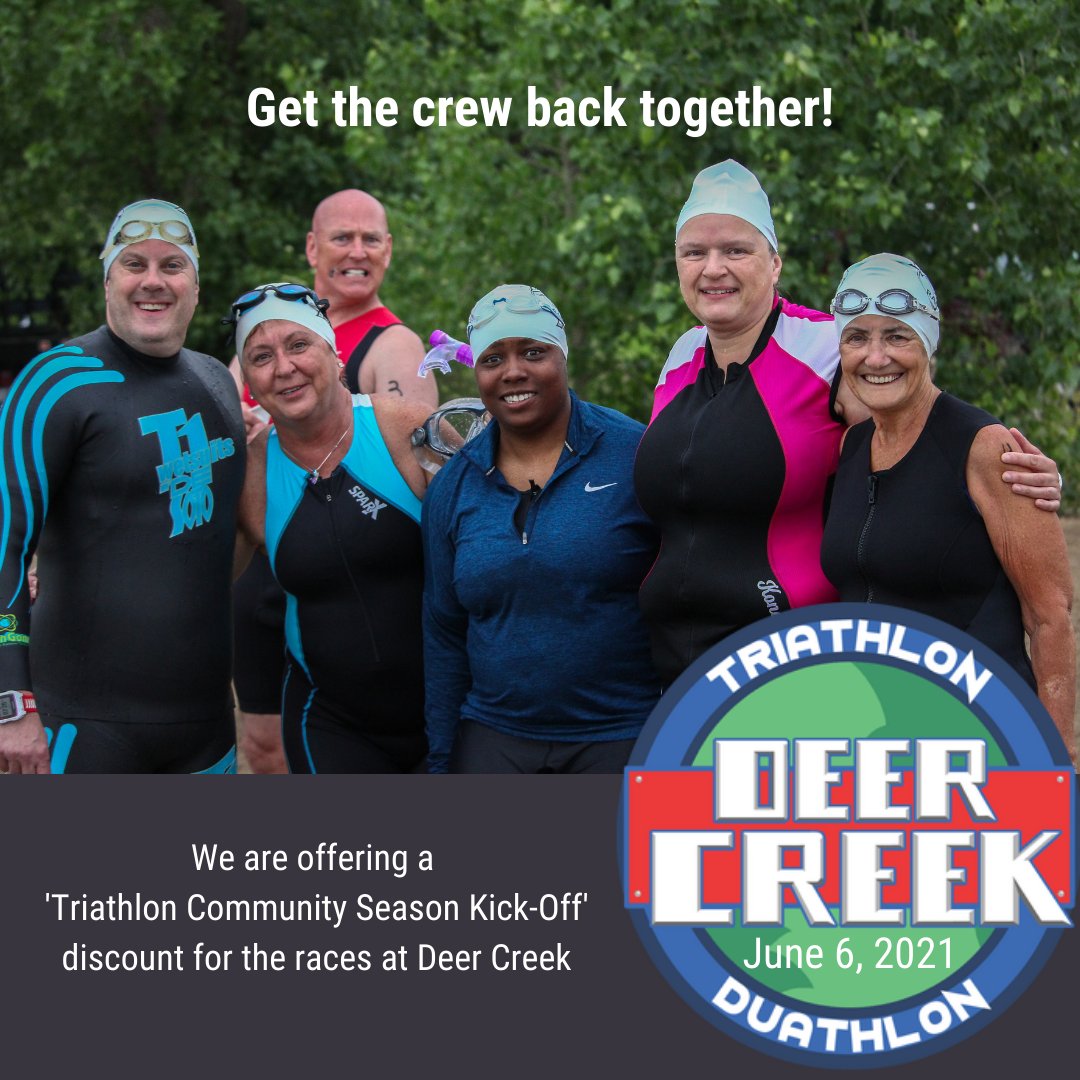 Get the crew back together &amp; kick off the multisport racing season with us at Deer Creek! ‘Triathlon Community Season Kick-Off’ discount for the races at Deer Creek! Save 15% off your registration now through June 1 - use the code: DEER-CREEK-15 bit.ly/3hCiuWR