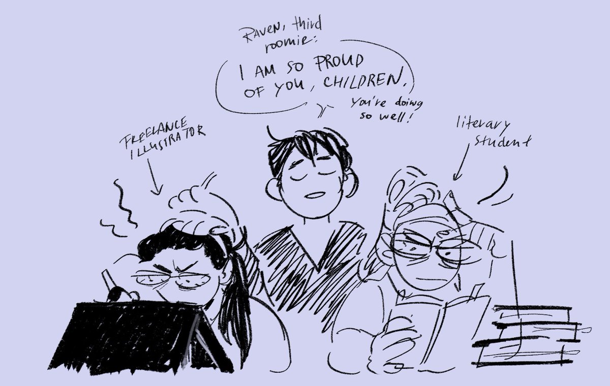 They have a third roomie (Raven is his working name) that has a slightly more stable job and who is very empathetic towards his constantly-working-from-home roommates 🦇🌾 