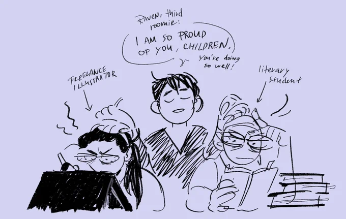 They have a third roomie (Raven is his working name) that has a slightly more stable job and who is very empathetic towards his constantly-working-from-home roommates 🦇🌾 