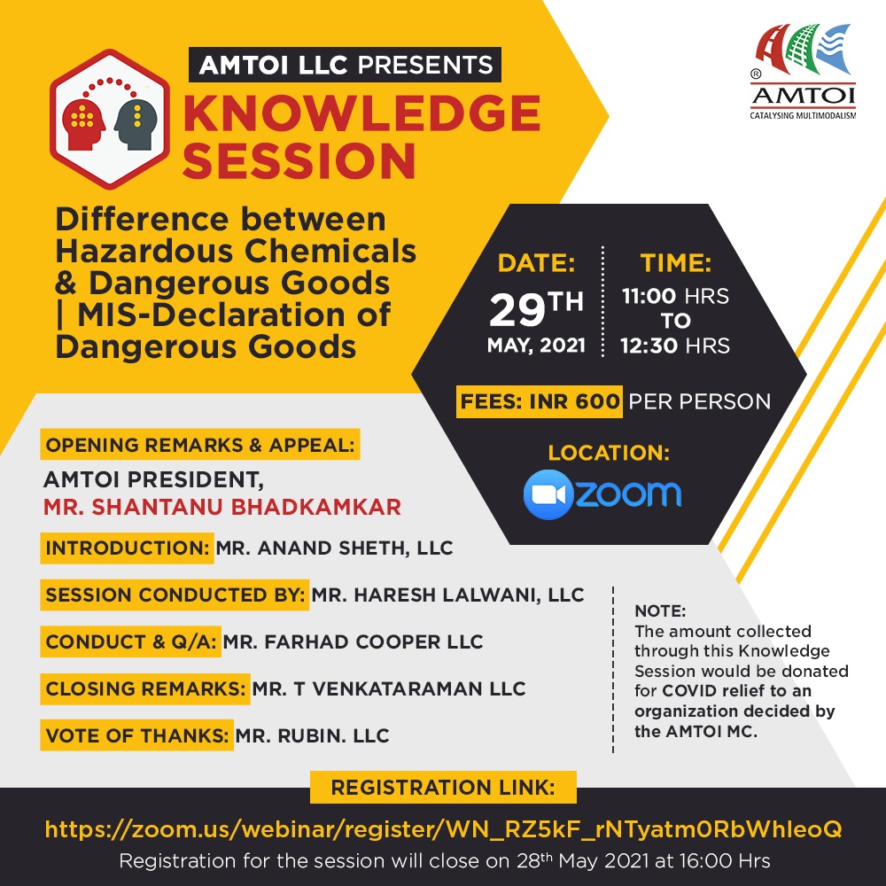 AMTOI Knowledge Session on 'Difference between Hazardous Chemicals & Dangerous Goods' Declaration of Dangerous Goods Date: 29th May, 2021 Time: 11:00 to 12:30 hrs Faculty: Mr. Haresh Lalwani, LLC Register: zoom.us/webinar/regist… Registration fees for the session: Rs. 600/-