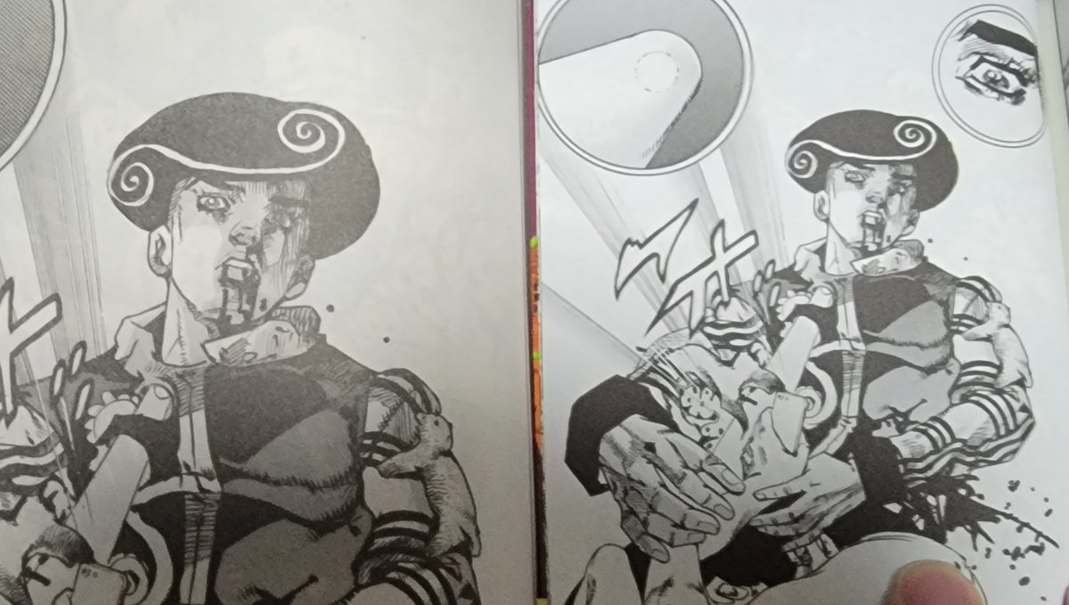 ダイゴル ジョジョリオン26巻 ゴー ビヨンド ウルトラジャンプ掲載時との比較 白っぽい方がコミックです 集中線の追加や 花都さんの説明文追加 最大の加筆はgo Beyondくらう直前の透龍くんの左目アップ そして 今月のウルジャンでわかったのは電子
