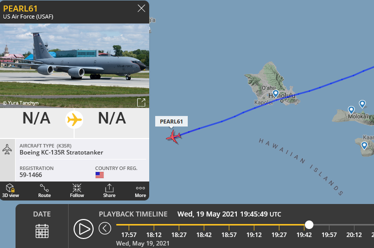 SirListenalot's tweet photo. ~0525z #B52 #AE589B as #BARD11 arrived at Barksdale from Guam. On its way it spent ~2 hours over Hawaii before being refueled by #KC135 #AE014A as #PEARL61 on a WSW-bound(!) track. After AR BARD11 canceled IFR and proceeded "due regard" eastbound https://t.co/O82qTk36gW