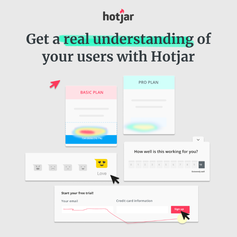 hotjar's tweet photo. You can discover what users need, consolidate your qual and quant, and get help communicating product opportunities to get buy-in. Oh, did we mention you can start for free? Try Hotjar today.