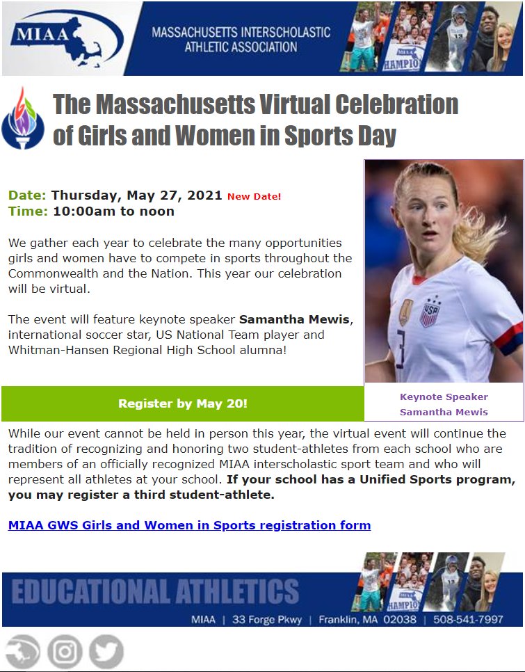 MIAA (@miaa033) on Twitter photo 📌TODAY is the last day to register for the virtual #MIAA Girls & Women in Sports Day
🌟Celebrate girls in sport with this great presentation from <a href="/sammymewy/">Samantha Mewis</a> ⚽
▶️REGISTRATION CLOSES TODAY!!
See your email ADs!!
#OneTeamOneMIAA
<a href="/sbryantMIAA/">sherry bryant</a> <a href="/MSSADA9/">MSSADA</a> <a href="/RpearsonMIAA_MS/">Richard Pearson</a> <a href="/MSAA_33/">MSAA</a> 📌TODAY is the last day to register for the virtual #MIAA Girls & Women in Sports Day
🌟Celebrate girls in sport with this great presentation from <a href="/sammymewy/">Samantha Mewis</a> ⚽
▶️REGISTRATION CLOSES TODAY!!
See your email ADs!!
#OneTeamOneMIAA
<a href="/sbryantMIAA/">sherry bryant</a> <a href="/MSSADA9/">MSSADA</a> <a href="/RpearsonMIAA_MS/">Richard Pearson</a> <a href="/MSAA_33/">MSAA</a>