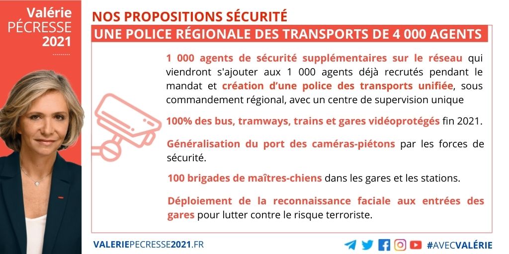 La sécurité dans les transports, c'est notre priorité! 

1000 agents de sécurité supplémentaires, 100% des bus, trams, trains et gares vidéoprotégés, intelligence artificielle... Le projet de <a href="/vpecresse/">Valérie Pécresse</a> sur ▶️ bit.ly/Valerie2021 #AvecValérie