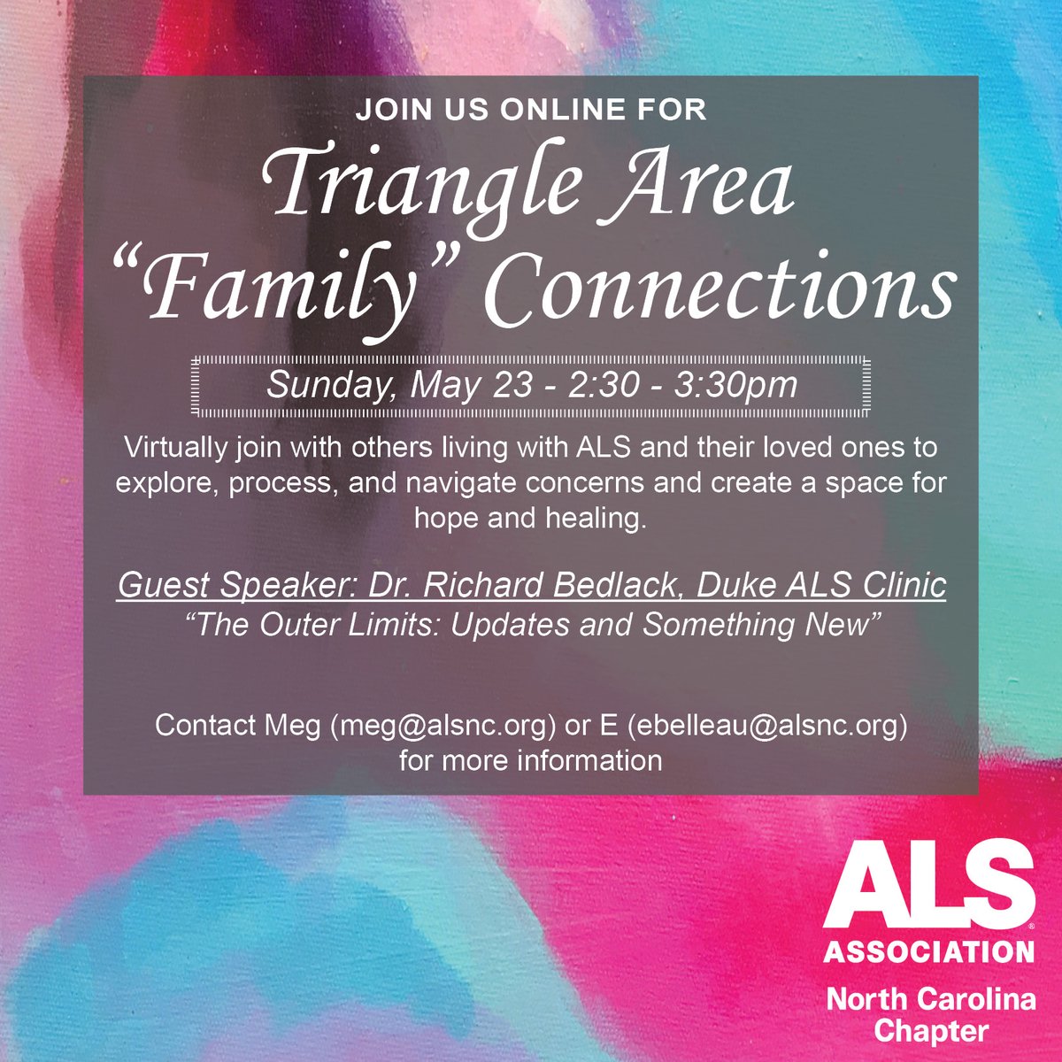 alsncchapter's tweet photo. May's Family Connections meeting is on Sunday with special guest Dr. Bedlack from the Duke ALS Clinic. 

To join the virtual meeting from your computer, tablet, or smartphone: Go to https://t.co/nGfRD2WY7L

To join by phone only dial: 312-757-3121
Access Code: 838-394-997 https://t.co/uXx9t03zSK