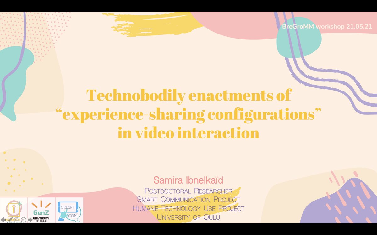 samiraibnelkaid's tweet photo. 👋
Interested in how video calls are not only "talking-heads" but also "experience-sharing" configurations? 🤸🏻♀️
Join me at tomorrow's online #BreGroMM workshop!
https://t.co/eD7hS8DTQN
@SmartComProject @GenZ_Oulu
#EMCA #Multimodality #Intercorporeality #TechnobodilyEthnomethods https://t.co/NjzczBsNnw