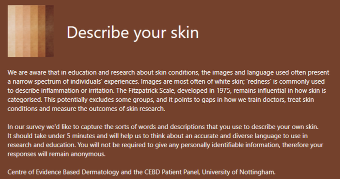 Updating the language of dermatology. Please fill in our survey and/or retweet forms.office.com/r/VGaDiN8ibz #ICTD2021 #CTD2021 #WhyWeDoResearch #InternationalClinicalTrialsDay <a href="/B_SkinDirectory/">BlackSkinDirectoryUK</a> <a href="/SkinOfColorDerm/">Skin of Color Update</a> <a href="/LES_Limited/">London Ethnic Skin®</a> <a href="/DFTBubbles/">Team DFTB</a> @BMEhealthEM