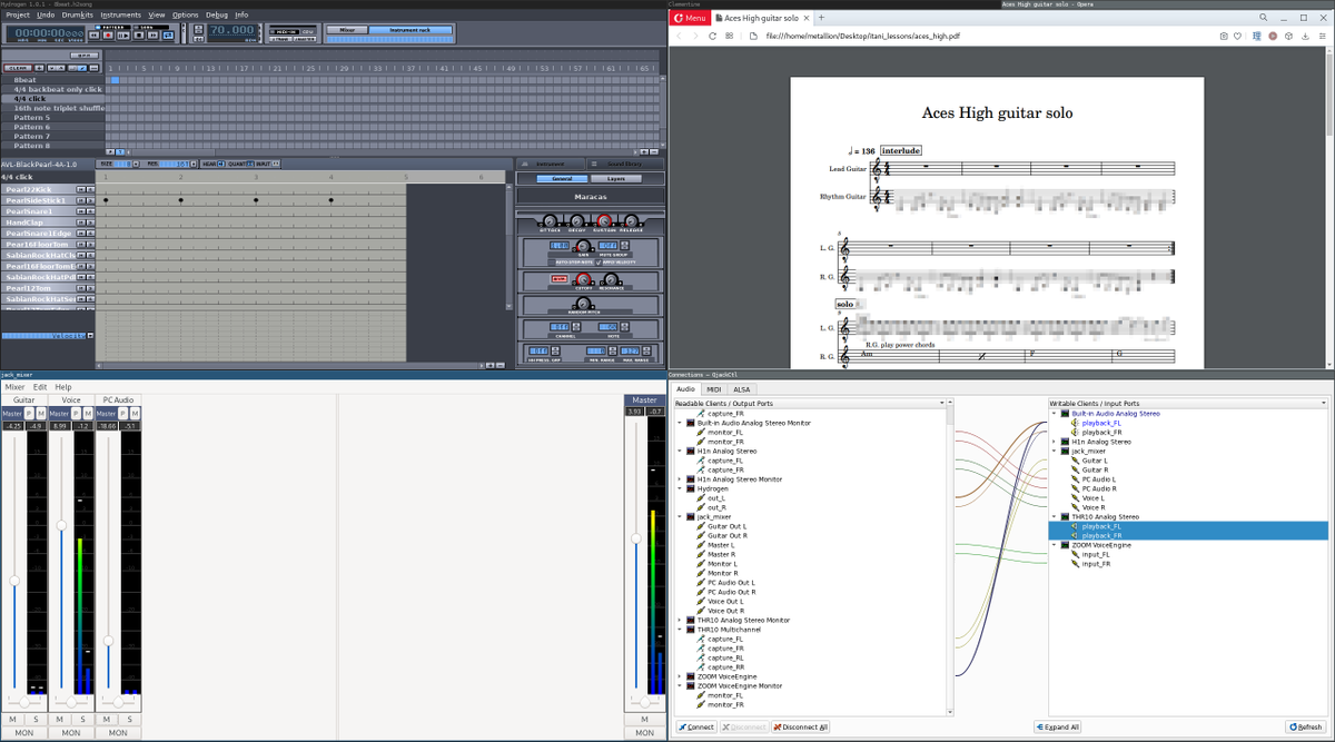 Metallion98's tweet photo. Today I used @PipewireP for my guitar lesson with @itanimusic. It's pretty neat.

I could easily send my guitar, voice and my PC audio into a mixer and then pipe that into Zoom.

Itani-san said my sound was way better than before. I need to present this at @TokyoLUG some time ^_^ https://t.co/2c5TI5QjaW