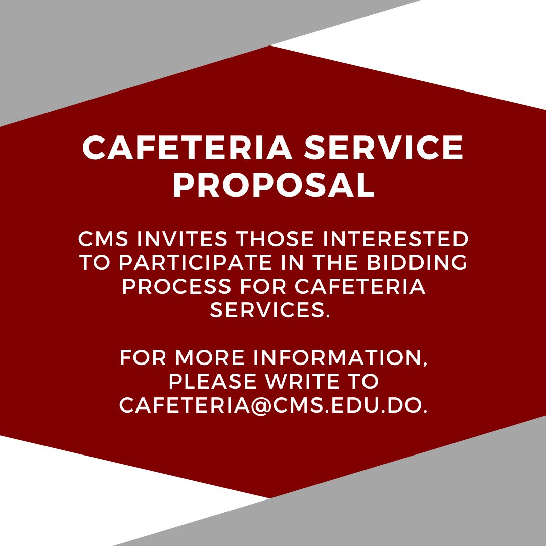 Carol Morgan School (@cmssharks) on Twitter photo CMS invites those interested to participate in the bidding process for cafeteria services for the upcoming school year 2021-2022. For more information, please write to cafeteria@cms.edu.do. CMS invites those interested to participate in the bidding process for cafeteria services for the upcoming school year 2021-2022. For more information, please write to cafeteria@cms.edu.do.