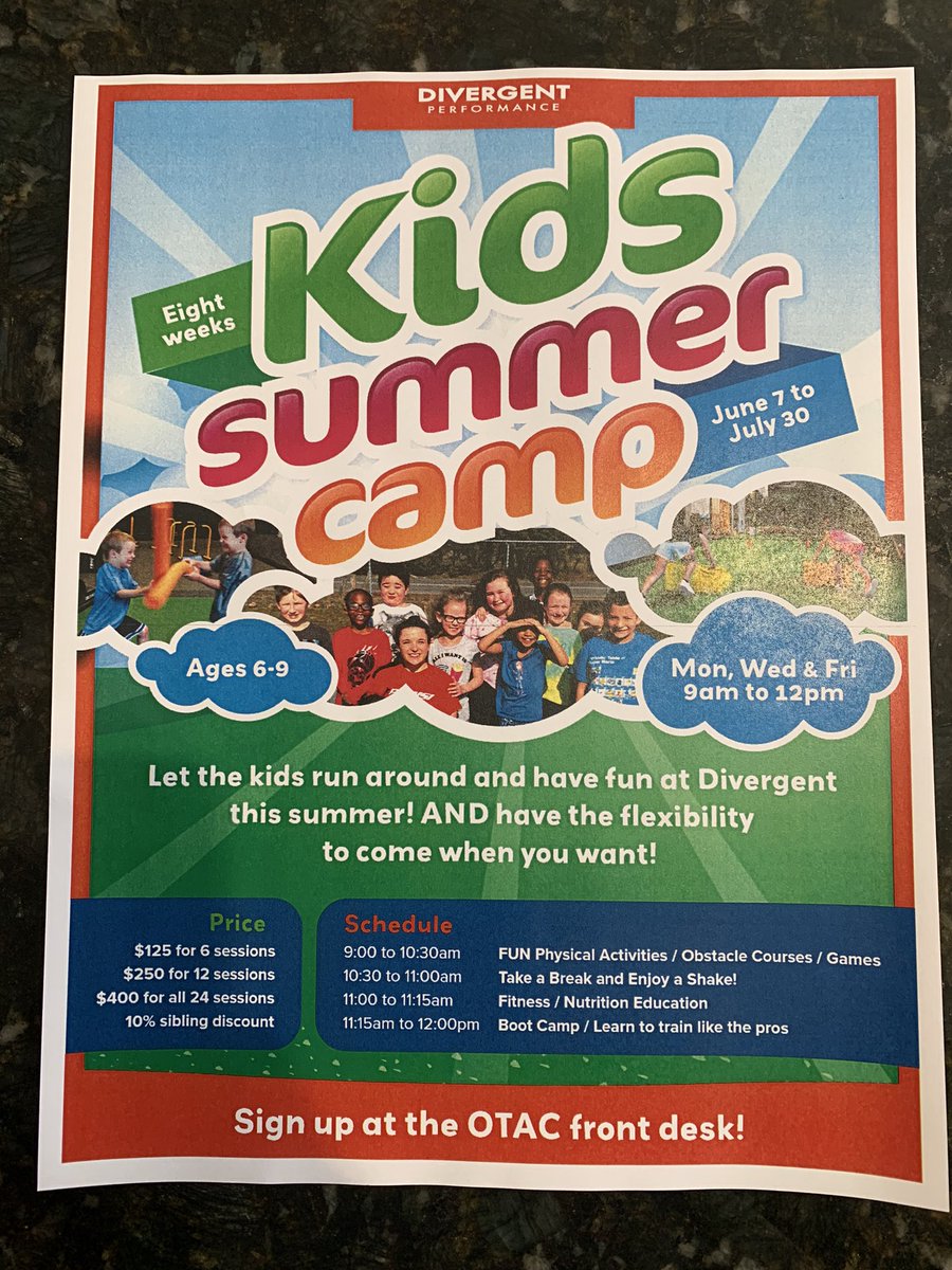Divergent Performance at OTAC (@divergentotac) on Twitter photo 🚨 KIDS SUMMER CAMP 🚨 ages 6-9, flexible scheduling. Stop by OTAC or shoot us an email divergent@otacfitness.com 🚨 KIDS SUMMER CAMP 🚨 ages 6-9, flexible scheduling. Stop by OTAC or shoot us an email divergent@otacfitness.com