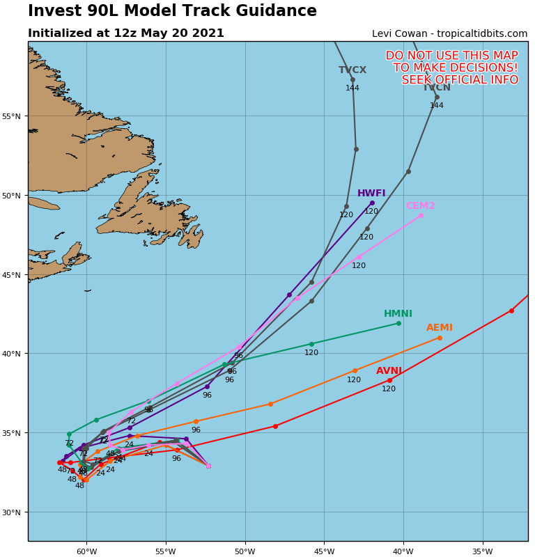 ouragans's tweet image. Position de la position #90L à 12h TU: 32.9N 52.3W soit 1172 km à l'E de Bermuda, vents maxi 65 km/h, déplacement vers l'ENE ou 58° à 42 km/h, pression 1012 mb

Image de prévisions de trajectoires à 12h TU -via @TropicalTidbits