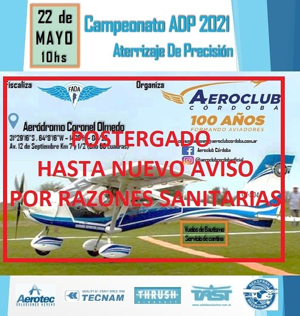 ATENCIÓN ⚠️ 
Por razones sanitarias el campeonato ADP a realizarse en  Córdoba el próximo 22 de mayo queda postergado hasta nuevo aviso‼

#aeroclubes #campeonato #adp #aviacion