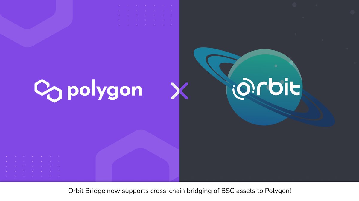 0xPolygon's tweet photo. 🙌 Thrilled to announce that @Orbit_Chain's Orbit Bridge now supports cross-chain bridging of #BSC assets to Polygon!

🚀 Bring your BSC assets to Polygon and experience DeFi summer with all the ETH blue-chips!

🔗 Bridge your assets to Polygon: https://t.co/pQTV3WxQte https://t.co/8YjAaFI2N1