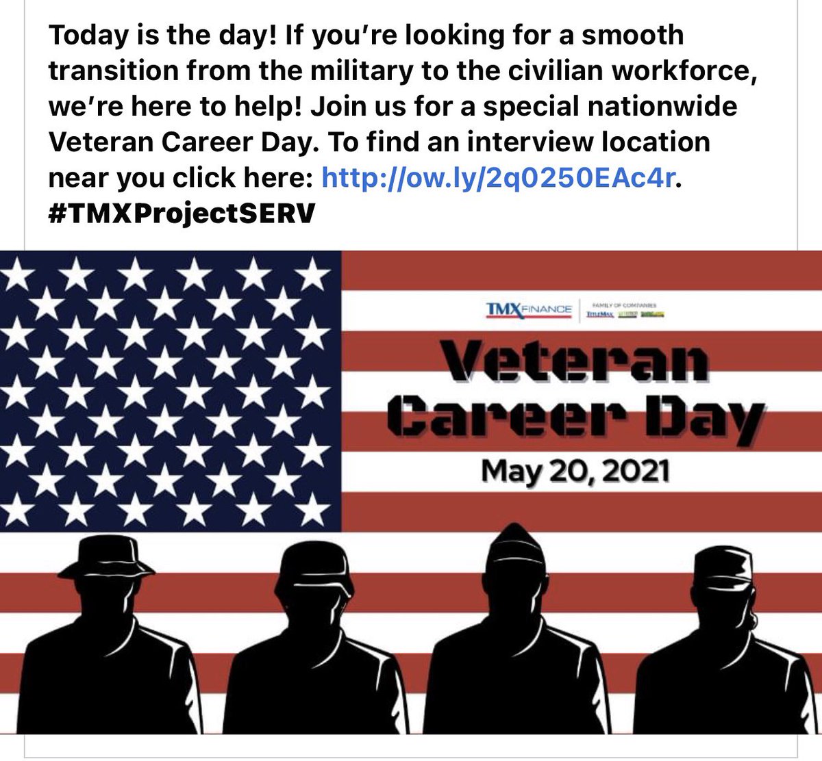 At Titlemax we are Hiring... Veterans stop by 4517 Everhart in Corpus Christi, Tx with your resume. We’re here to help you join the civilian workforce. #TMXProjectSERV