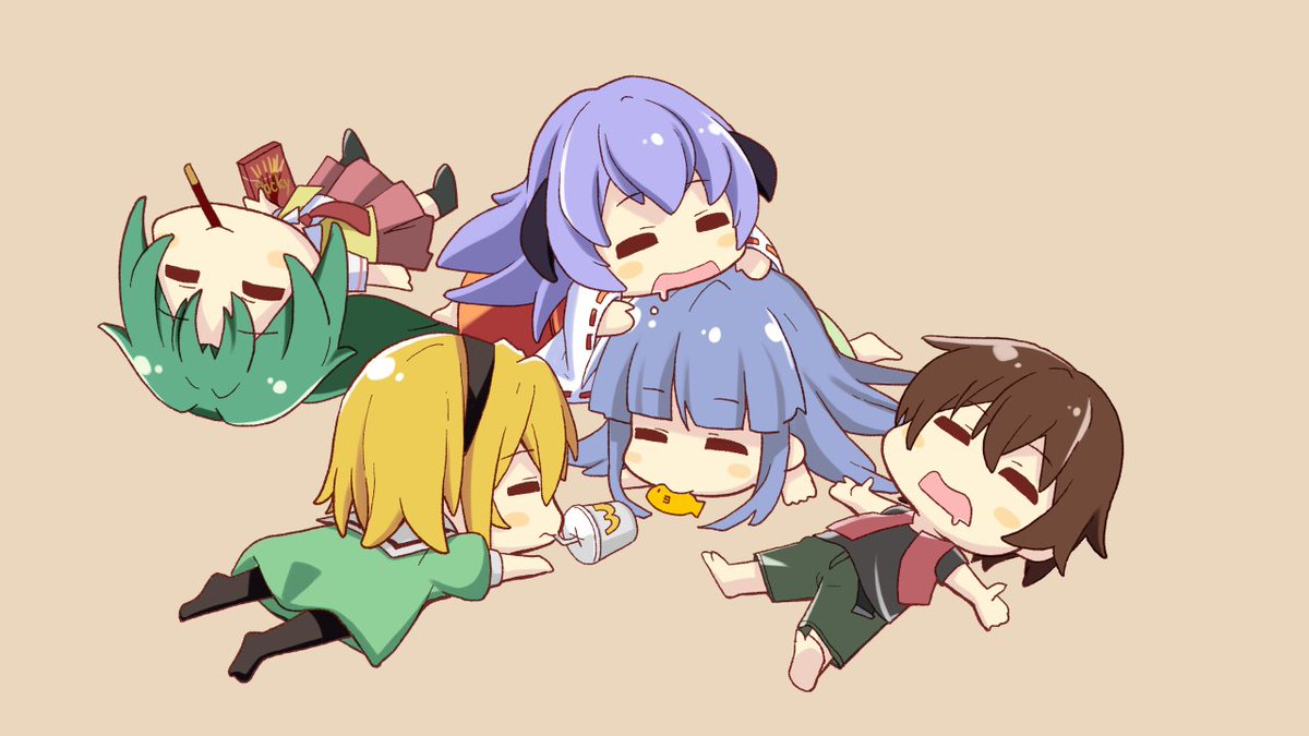 furude rika ,hanyuu ,houjou satoko ,maebara keiichi ,sonozaki mion blonde hair multiple girls horns green hair food black hairband skirt  illustration images