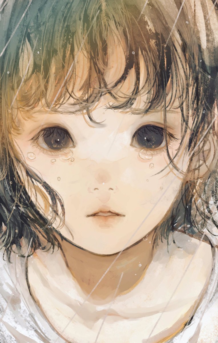 1girl solo looking at viewer rain short hair tears black eyes  illustration images