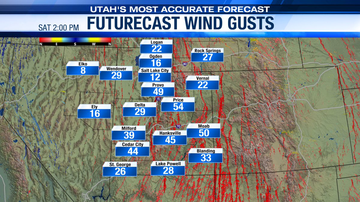 adambcarroll's tweet image. Breakdown of wind gusts over the next 3 days. We will see the strongest winds today &amp;amp; tomorrow over S. Utah. N. Utah will see their strongest winds tomorrow. Due to this, an expansion of the fire threat will include part of the Wasatch Front, including SLC. #utwx #utwind #utfire