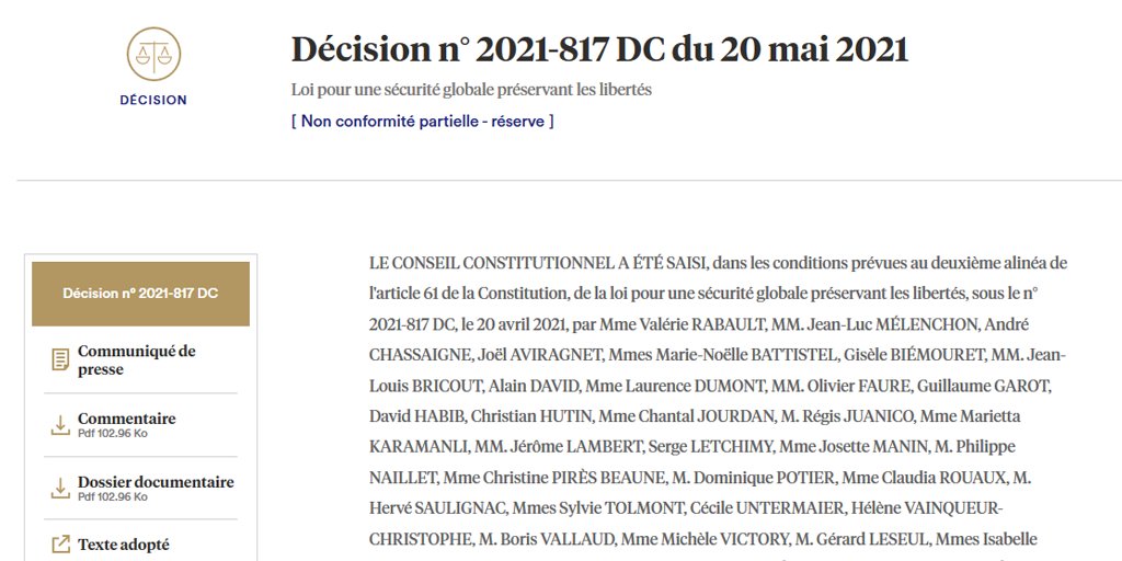 Conseil_constit's tweet image. Décision n° 2021-817 DC du 20 mai 2021, [Loi pour une sécurité globale préservant les libertés] Non conformité partielle - réserve
conseil-constitutionnel.fr/decision/2021/…