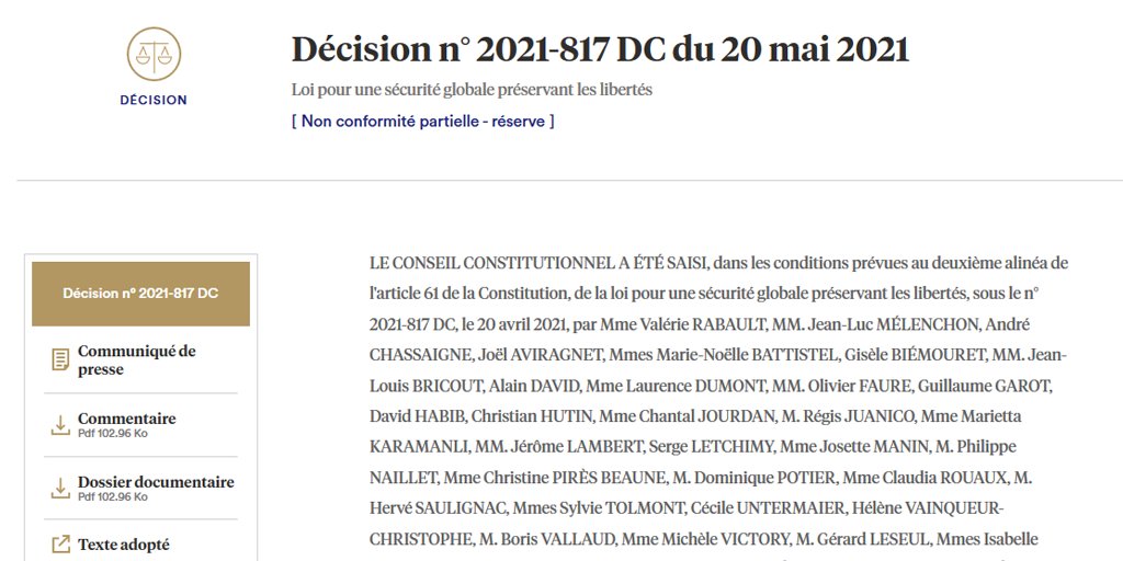 Décision n° 2021-817 DC du 20 mai 2021, [Loi pour une sécurité globale préservant les libertés] Non conformité partielle - réserve
conseil-constitutionnel.fr/decision/2021/…