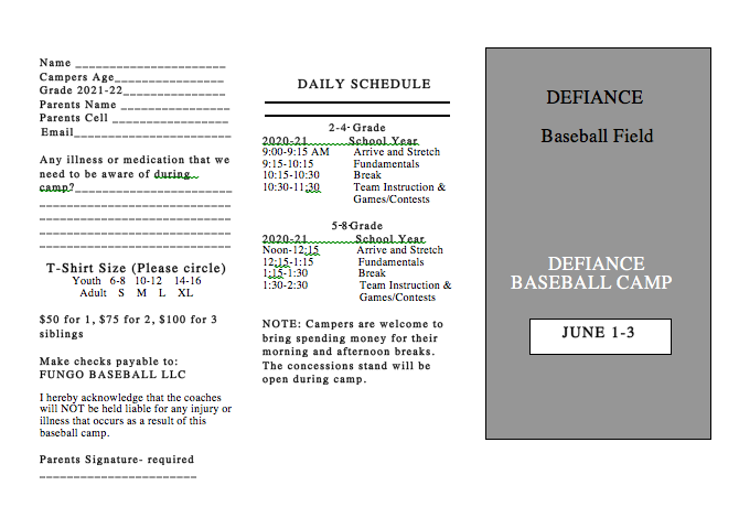 Fungo20's tweet photo. Defiance Baseball Camp - June 1-3. Incoming grades 2-8. https://t.co/CsRx34WP65