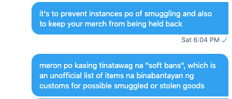 kmerchtips_ph's tweet photo. "bakit po hinaharang ng ibang customs yung packages pag panay one item lang ang laman?"

(disclaimer: we do not speak for the phil. bureau of customs. this advice is based on personal experiences with purchases from foreign merchants.) https://t.co/4HZNPeTB9f