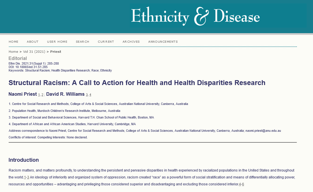 Implementing/evaluating actions to dismantle #StructuralRacism and address related health effects are urgent tasks. Guest editors @noami_priest and @D_R_Willilams1 have assembled new research to advance these actions. From #EthnDis. bit.ly/3hyRXcU