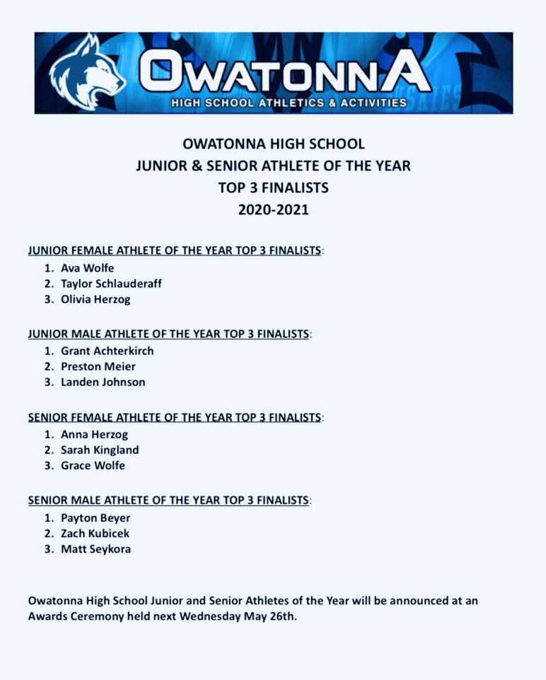 OwatonnaHuskies's tweet photo. The Owatonna High School Activities department is excited and pleased to announce our top 3 finalists for male/female Senior &amp; Junior Athletes of the Year. Congratulations to our finalists!#owatonnaproud @ohsmagnet @ohsoffice @OPP__Sports @voiceofohs @SteeleC_Times https://t.co/ZfXVYaaSjK